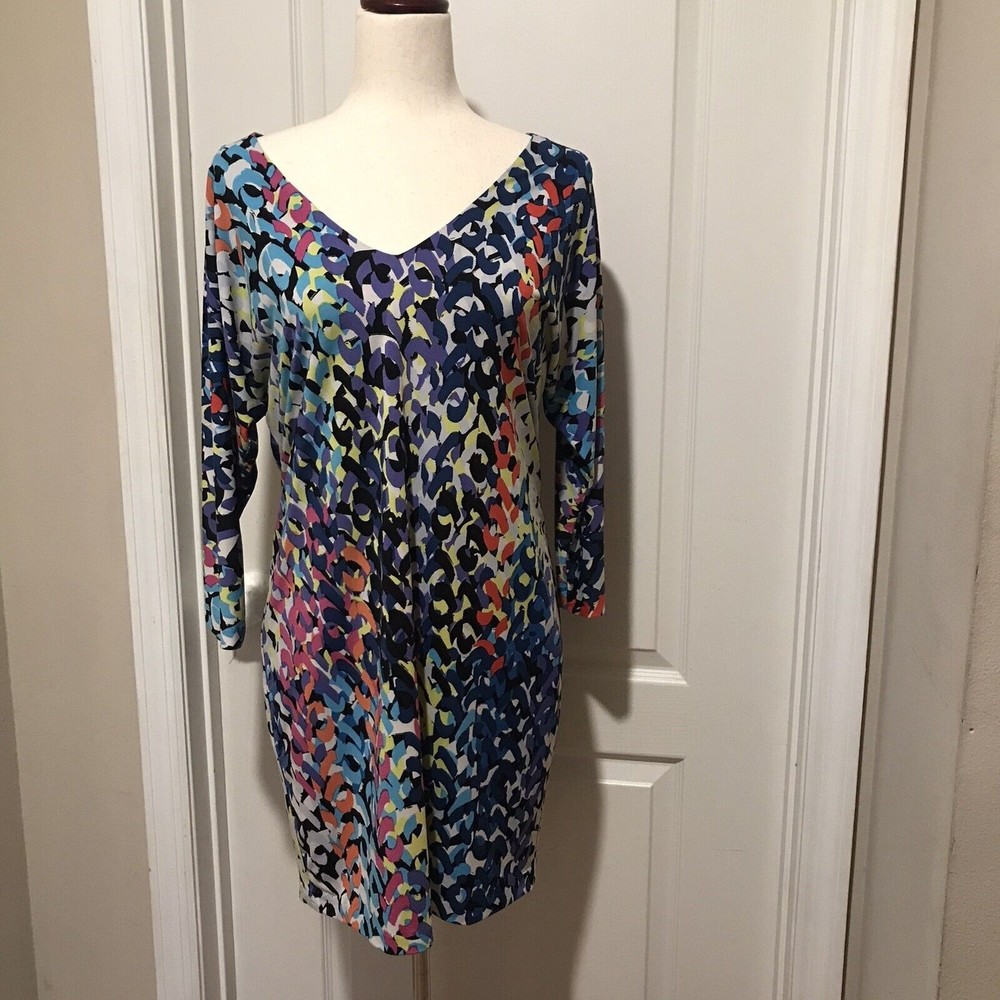 Trina Turk Size 8 Dominica Multi-Colored Print Midi V-Neck 3/4 Sleeves Dress - Picture 7 of 11
